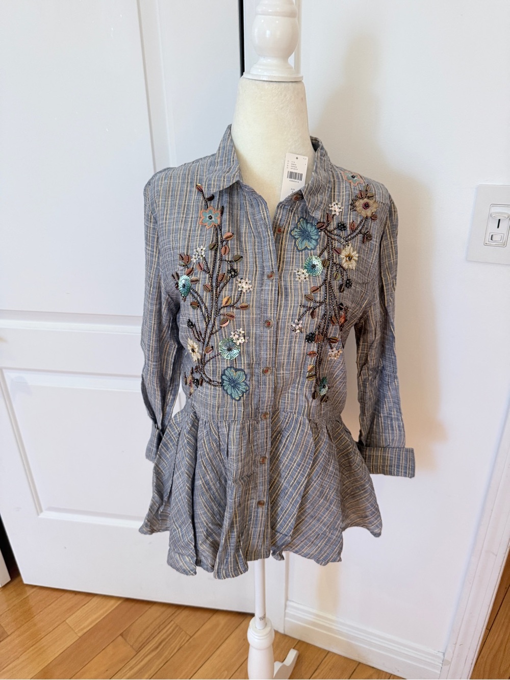 HD in Paris Gray Plaid Button-Down Shirt with Floral Embroidery